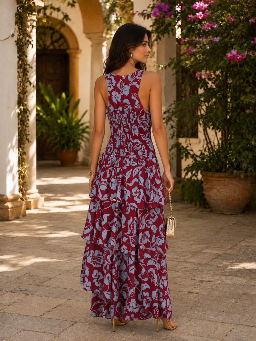 Vestido estampado burdeos| Caribe