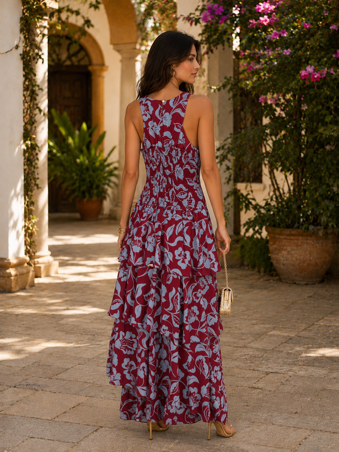 Vestido estampado burdeos| Caribe