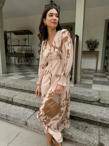 Vestido Estampado Beige| Adrienne - Moitte invitada