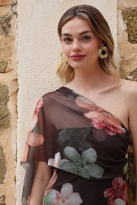 Vestido estampado marrón| Yovel - Moitte invitada