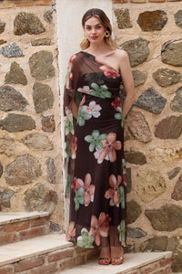Vestido estampado marrón| Yovel - Moitte invitada
