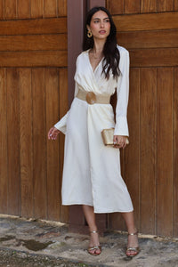 Vestido midi satinado beige | Grace - Moitte invitada